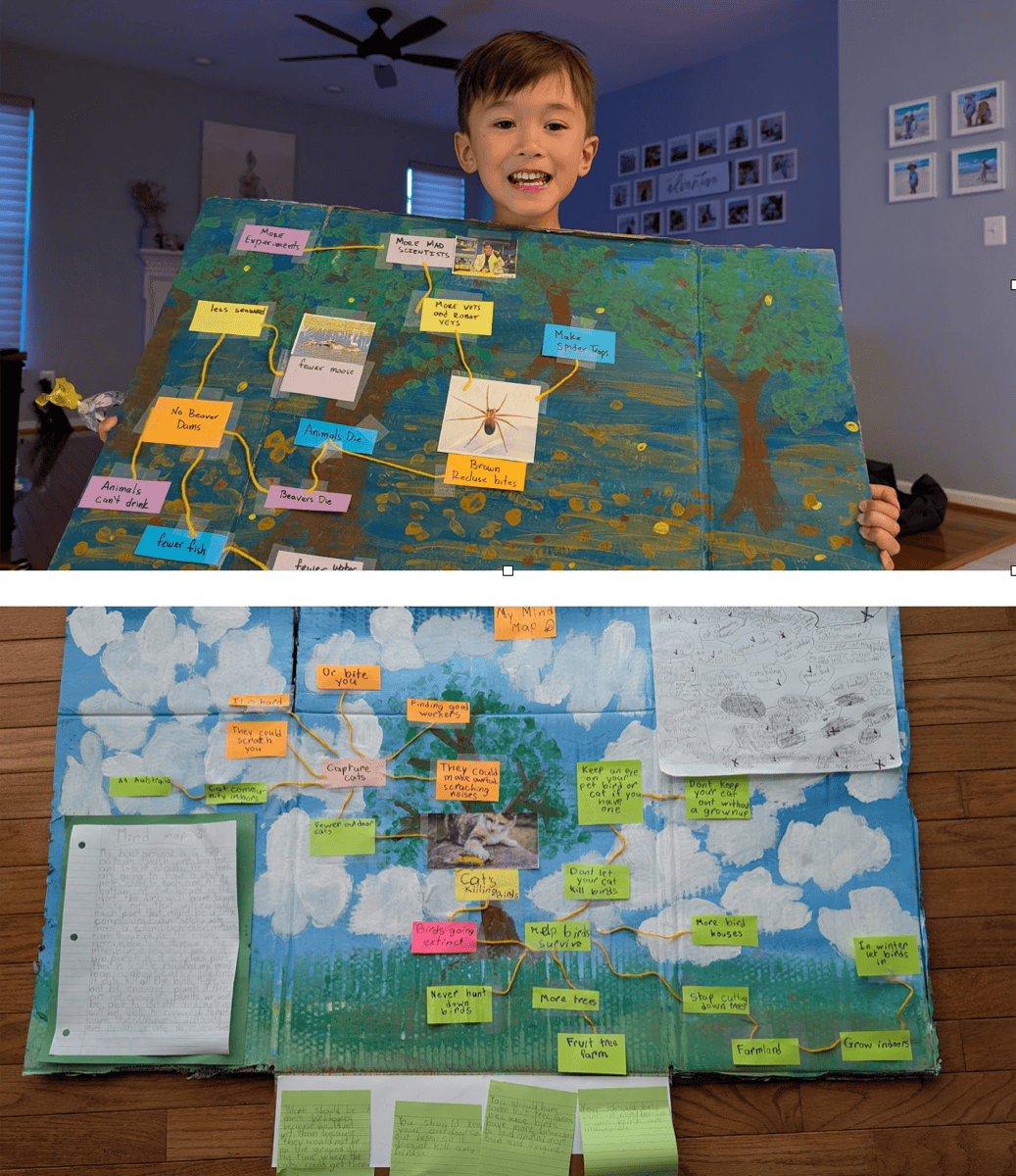 Hand-drawn mind maps created by kids while organizing ideas