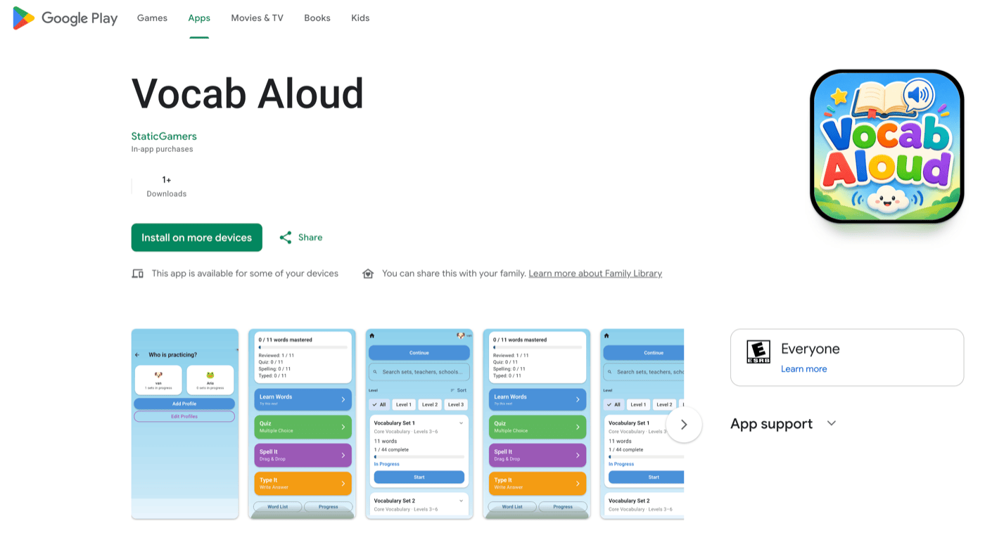 Vocab Aloud app screens showing vocabulary practice with read-aloud and quiz modes